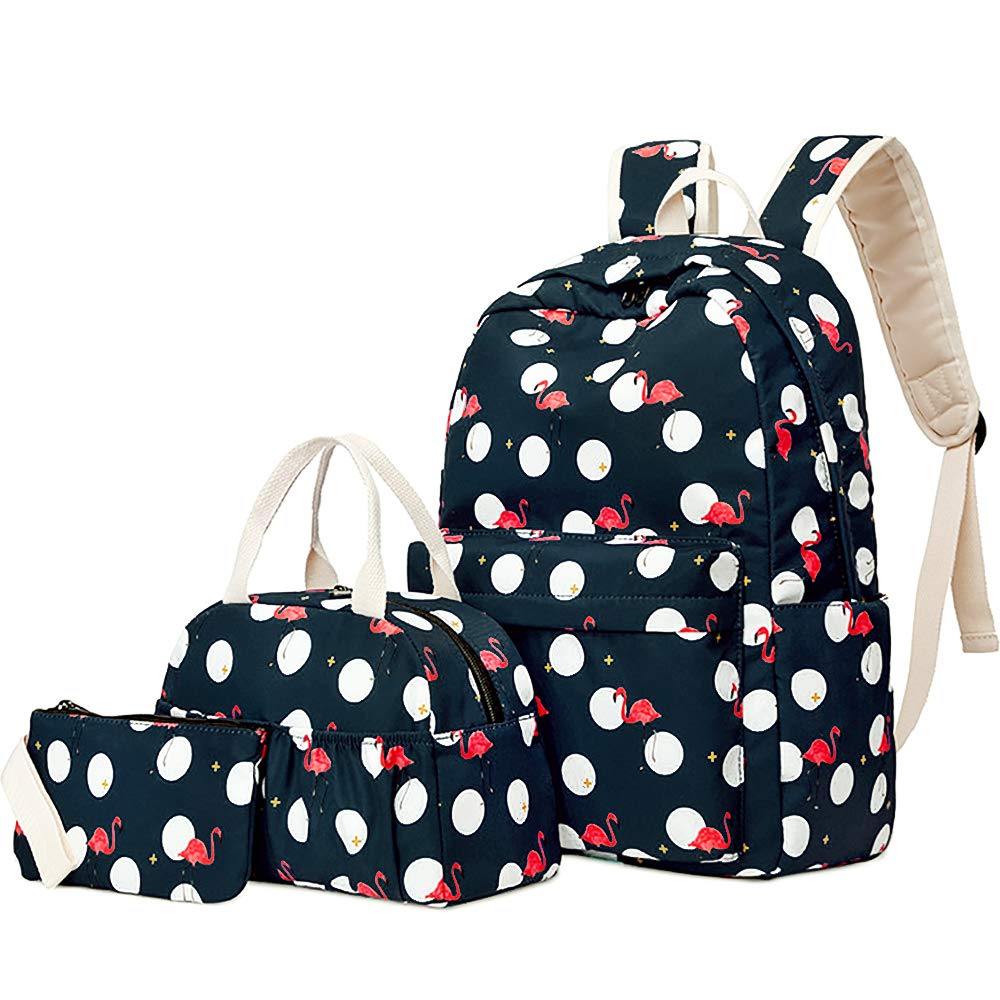 JunlionFlamingo School Bag Set, Junlion Soft Polyamide Bag Waterproof Lightweight Laptop Backpack Lunch Bag Pencil Case for Pupils Office Worker Black