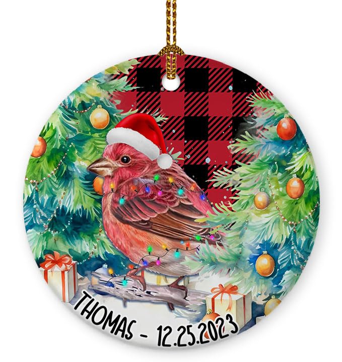 Prezzy Personalized Purple Finch Ornament for Christmas Tree Decorations Keepsake Gifts for Pet Lovers Animal Owners Funny Merry Xmas Gift Hanging Home Decor Buffalo Plaid Round Ornaments 3 Inch