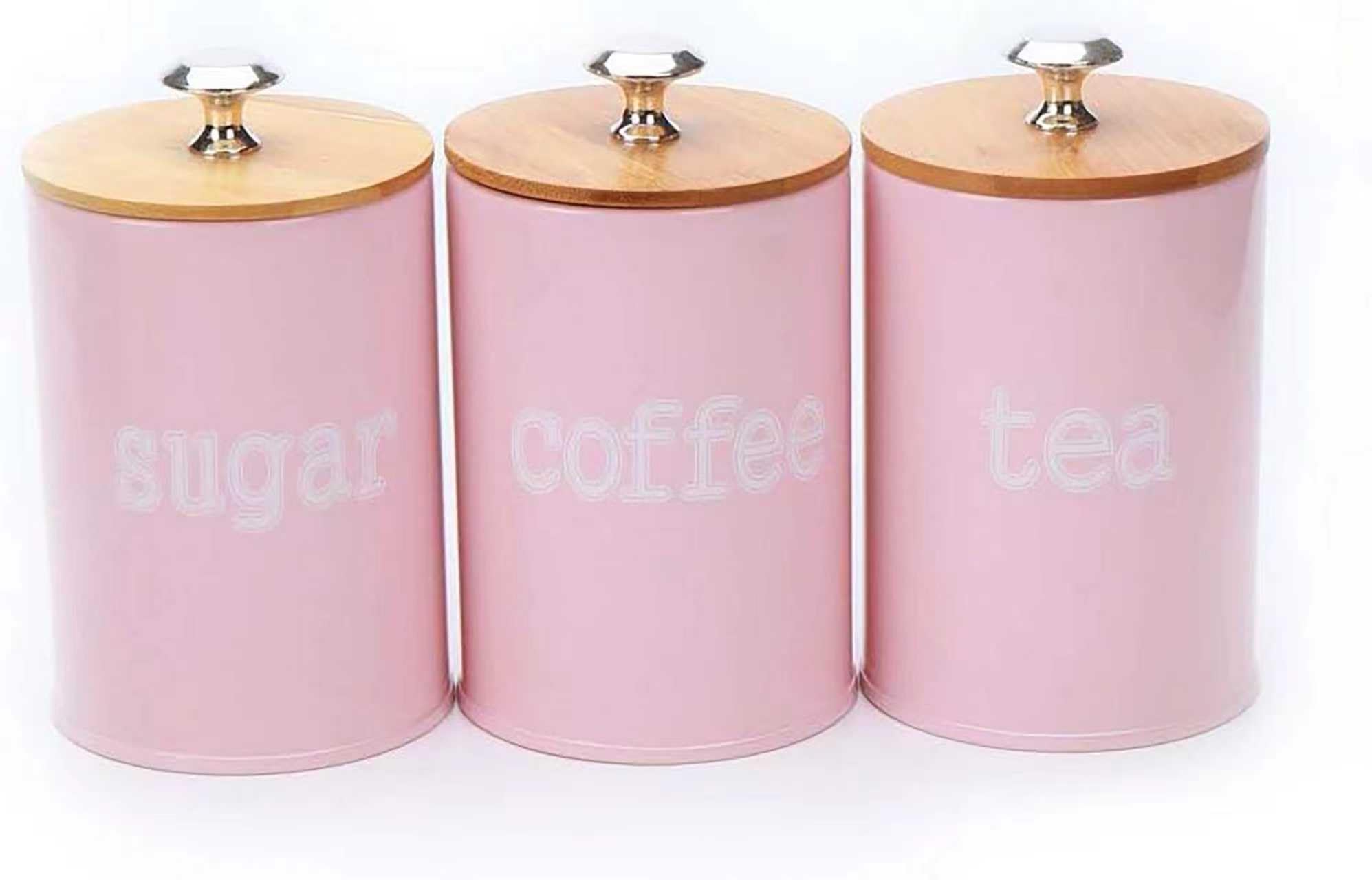 X022S Set of 3 Metal Food Storage Tin Canister/Jar with Bamboo Lid (matte pink)