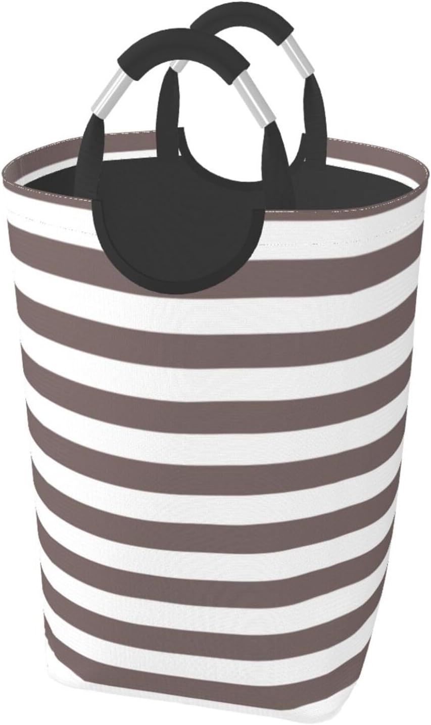 Large Laundry Basket, Modern White Taupe Striped Laundry Hamper Bag Collapsible Washing Bin With Handles for College Dorm, Family Essentials Storage