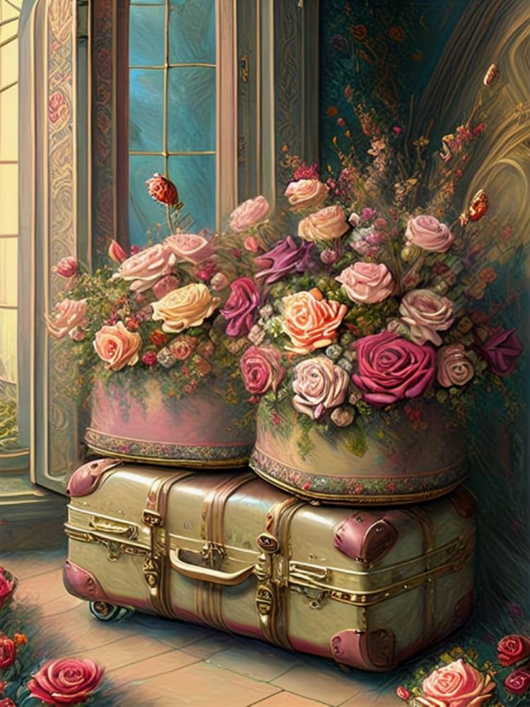 Weiniuniu Diamond Painting Kits for Adults Suitcase with Flowers DIY Bead Crystal Rhinestone Craft Easy 5D Dimond Picture Art Home Wall Decorations 50x70cm