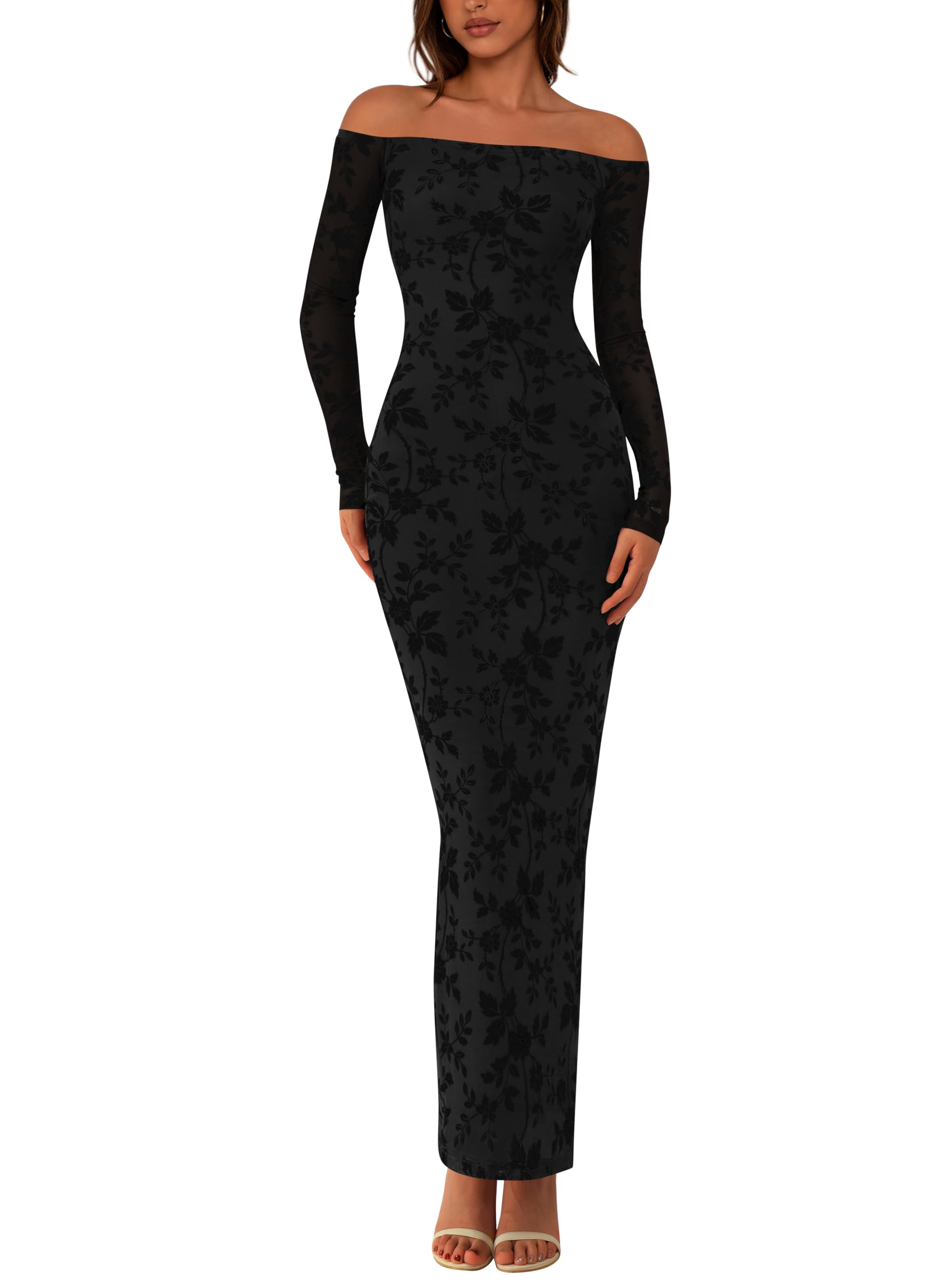 PRETTYGARDEN Womens Off The Shoulder Floral Maxi Bodycon Dress Fall Long Sleeve Mesh Fitted Long Formal Wedding Guest