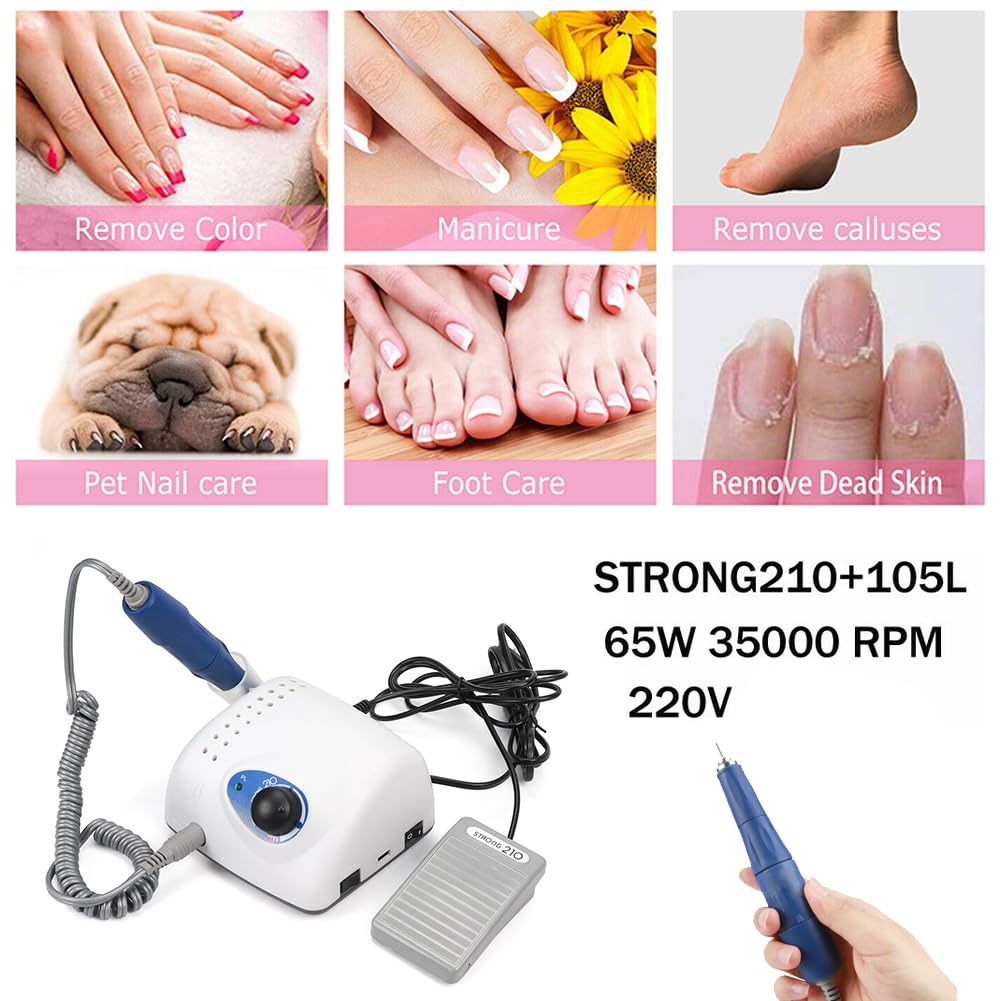 Elektryczna frezarka do paznokci, profesjonalna frezarka do paznokci, 65 W, 35000 obr./min, elektryczny zestaw do manicure, z 6 rodzajami różnych wierteł, do manicure, pedicure, salonu i