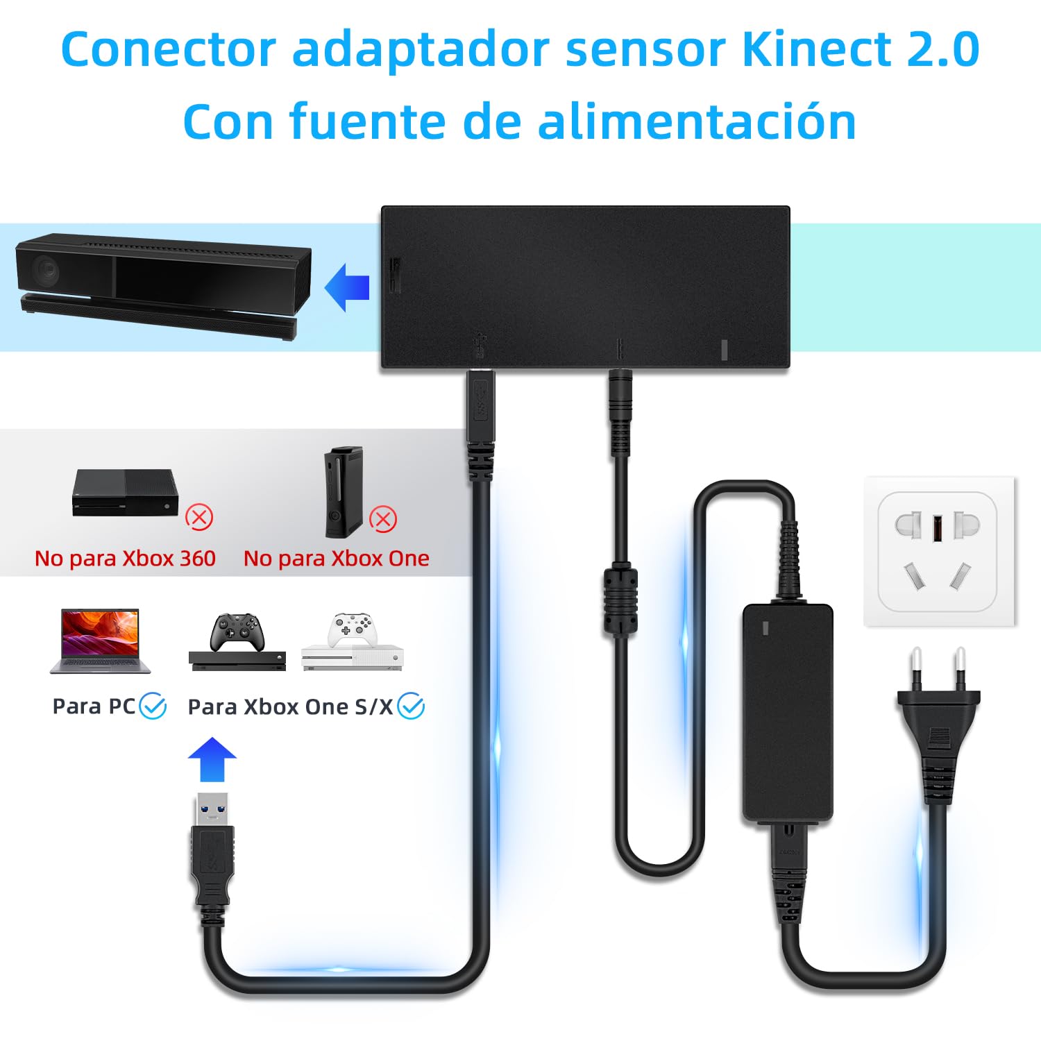 Mcbazel Adaptador Xbox Kinect para convertidor de Sensor Kinect 2.0 con Fuente de alimentación Compatible con Xbox One Slim/Xbox One X/Win11/ 8/8.1/10 con Enchufe Europeo