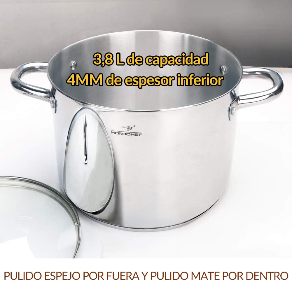 HOMICHEF Olla de 20,5 cm 3,8 litros de acero inoxidable sin níquel - Olla de 3,8 L con tapa y asa - Cacerola Pequeña 3.8 Litros con Tapa para Cocinar