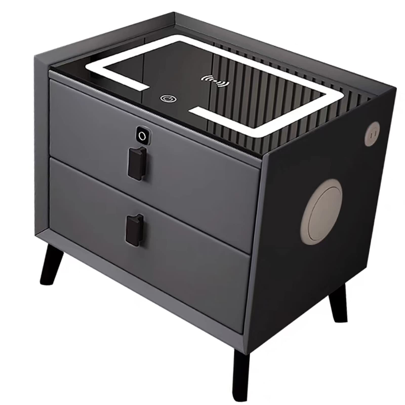 POWRZ Mesita de Noche Inteligente con estación de Carga inalámbrica, Dormitorio, Negro, 35 cm x 4 cm x 46 cm, 2 cajones, Iluminación LED y 3 colores LED