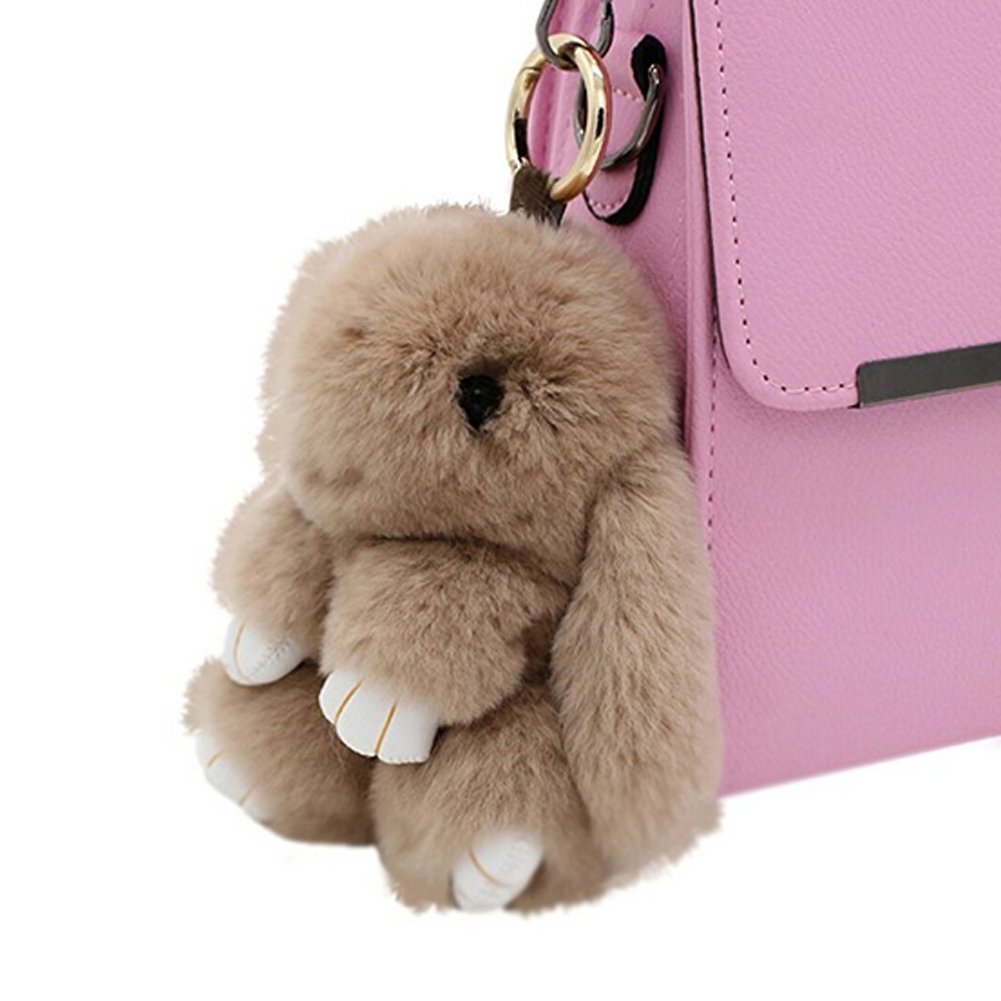 Bestowal Soft Fluffy Faux Fur Rabbit Doll Keychain Pendant (18cm, Khaki)
