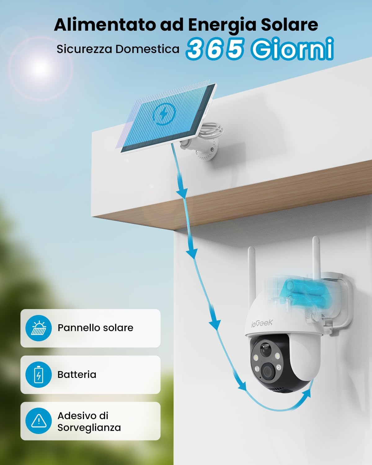 ieGeek 3MP Camara Vigilancia WiFi Exterior Solar con Bateria Sin Cables, Camara Vigilancia Exterior Solar Visión Nocturna Color, PTZ 360° App Remoto, Humana Detección, IP65, Voz Bidireccional