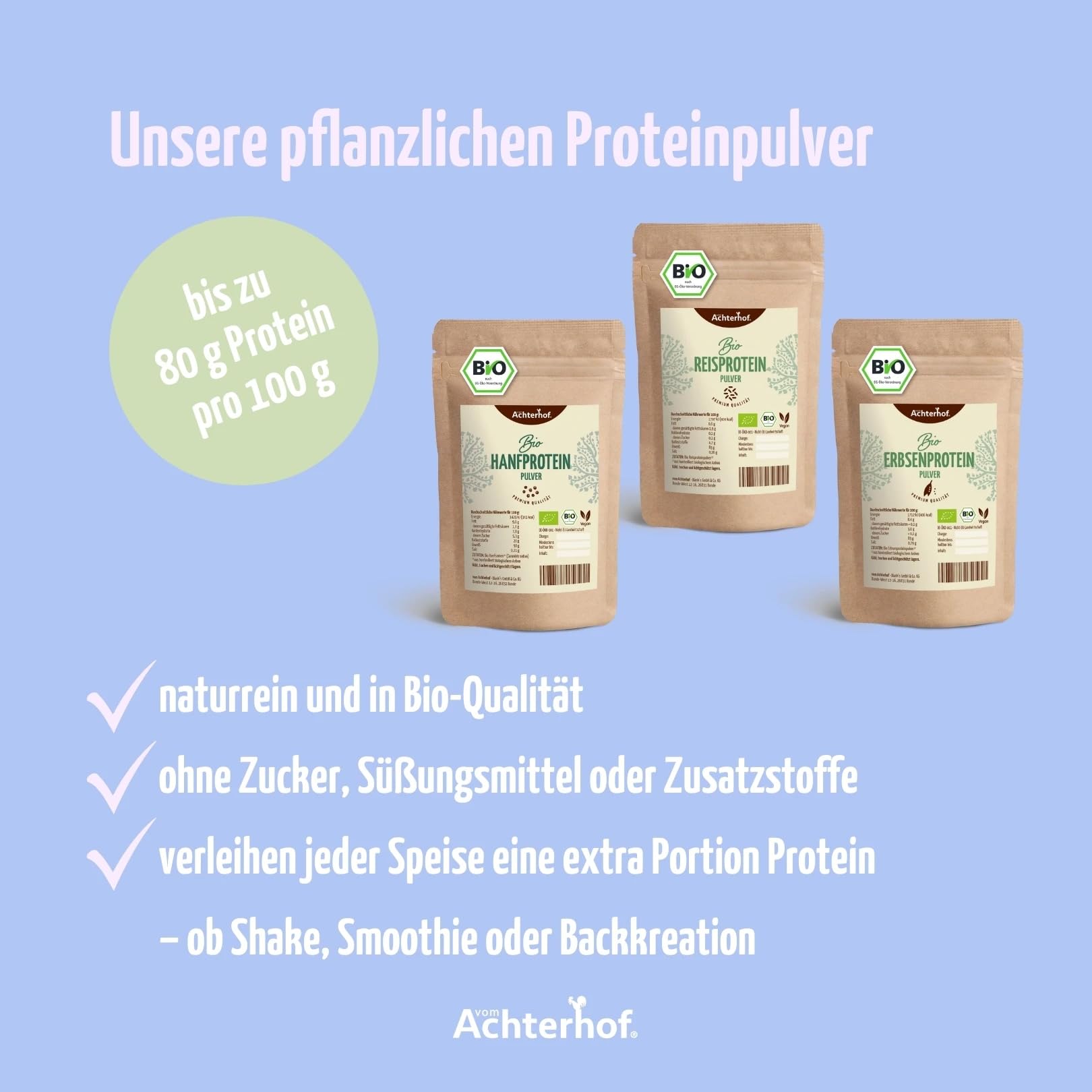 Erbsenprotein Bio | 1 KG | 80% Proteinanteil | Veganes Proteinpulver | direkt vom Achterhof