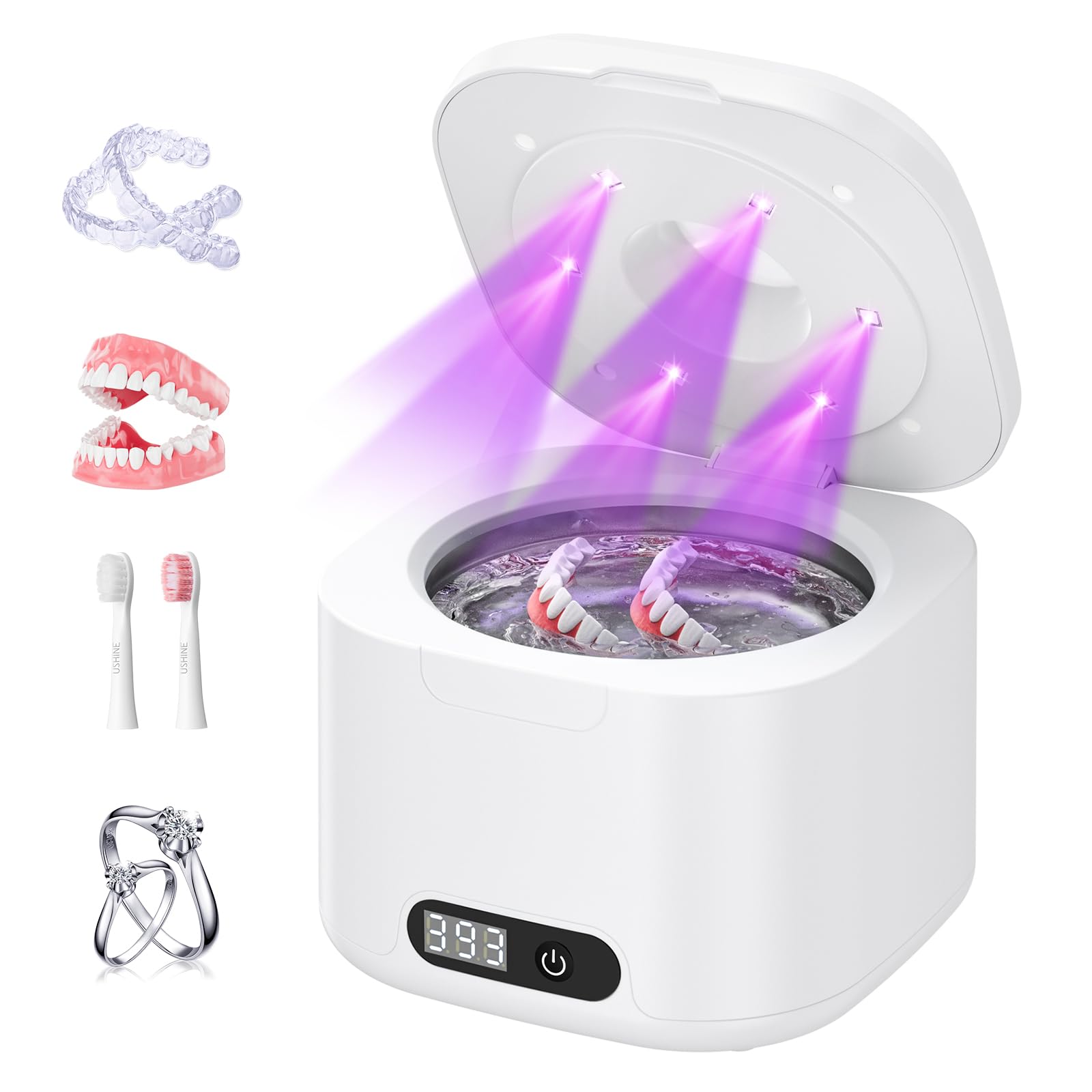 PKBD 2025 Upgraded Ultrasonic Retainer Cleaner,4 Speed Timing Adjustment, 49kHz Retainer Cleaner Machine with 304 stainless steel Water tank, Ultrasonic Denture Cleaner, Mouth Guard Cleaner,White