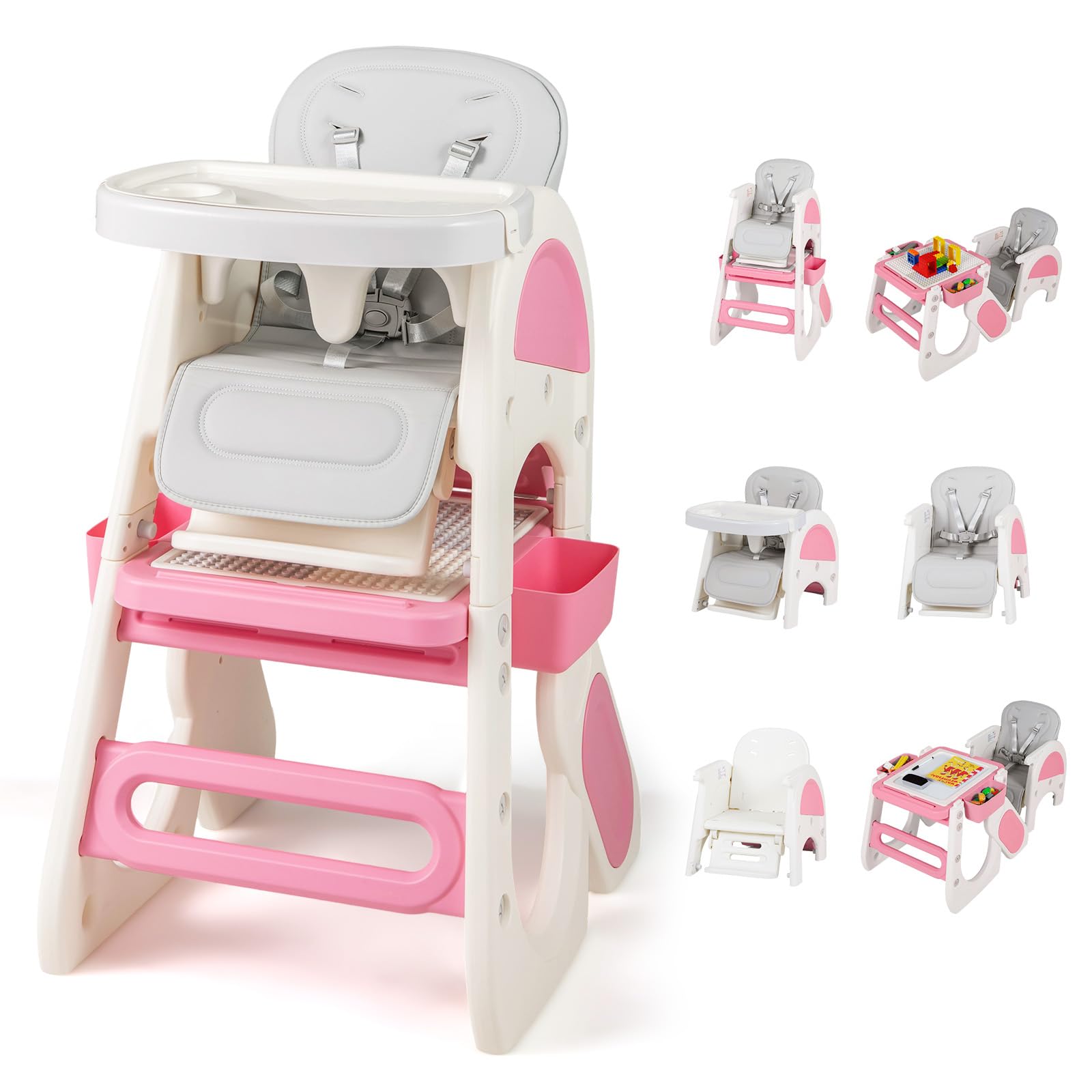 INFANS 8 in 1 Baby High Chair, Converts to Kids Table and Chair Set, with Drawing Whiteboard Building Block Tabletop, Suitable for Dinning Studying