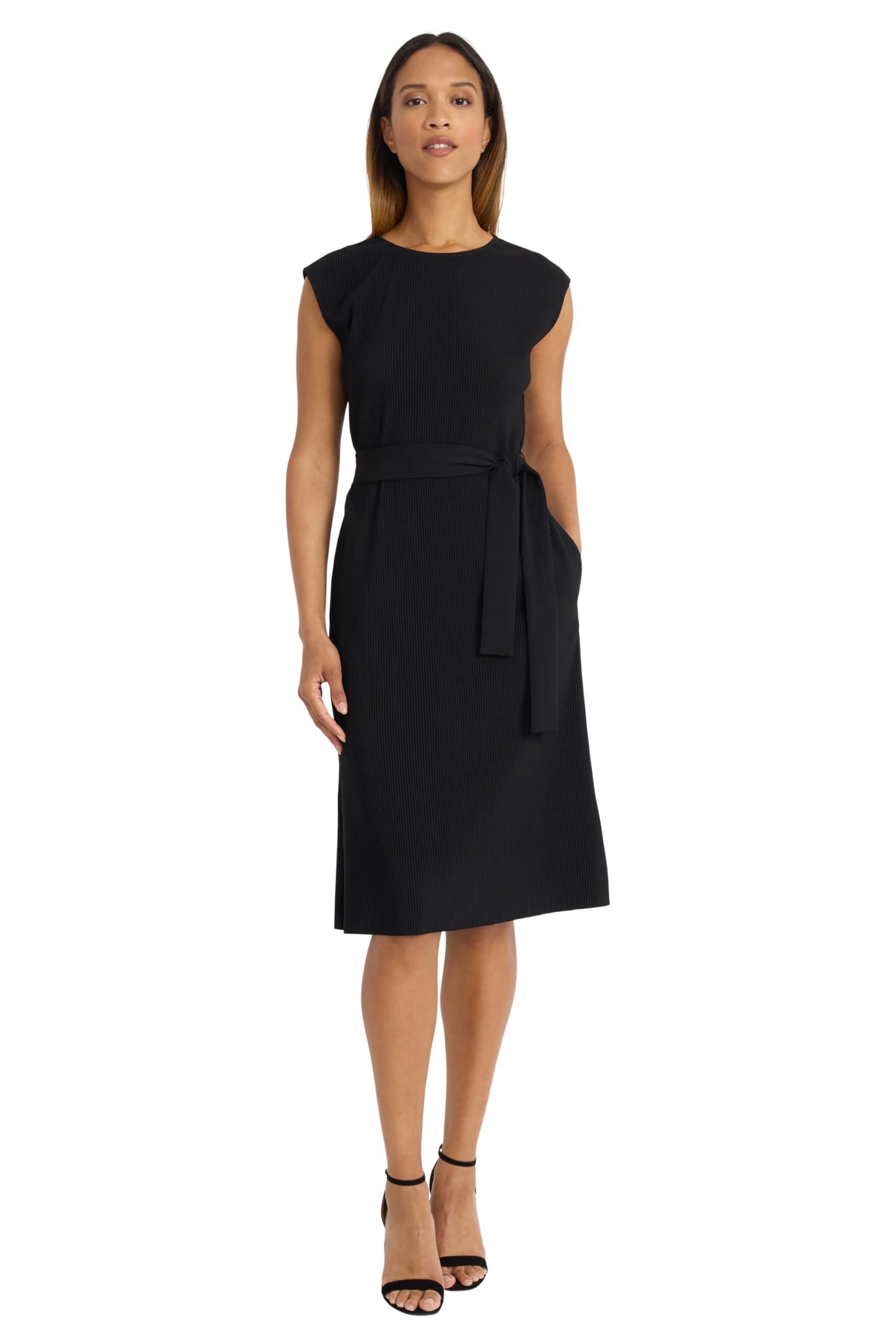 Maggy London Womens Midi Sheath Cap Sleeves-Self-tie Belt-Textured Rib-Knit Fabric-Versatile Cocktail Dress