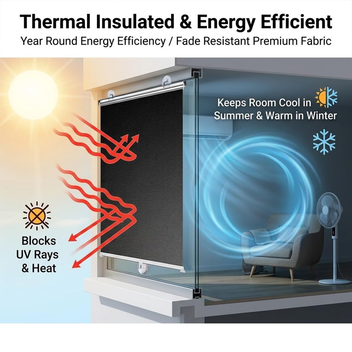 Dachfenster Verdunkelung Ohne Bohren, Thermorollo mit Saugnapf, Sonnenschutz Fenster Innen Hitzeschutz, Einziehbares Rollo für Schlafzimmer & Dachboden(65W x 200H cm)