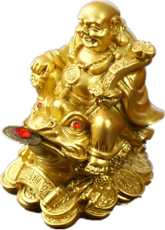 Feng Shui Polyresin Laughing Buddha Sit on Money Frog (Three Legged Toad) Statue Home Office Décor(Gold)