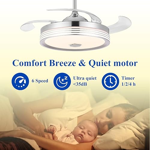 Miniatura 4 de Ventilador de techo retráctil de 42 pulgadas con luz y control remoto de aplicación, lámpara de altavoz Bluetooth, luces regulables de color RGB