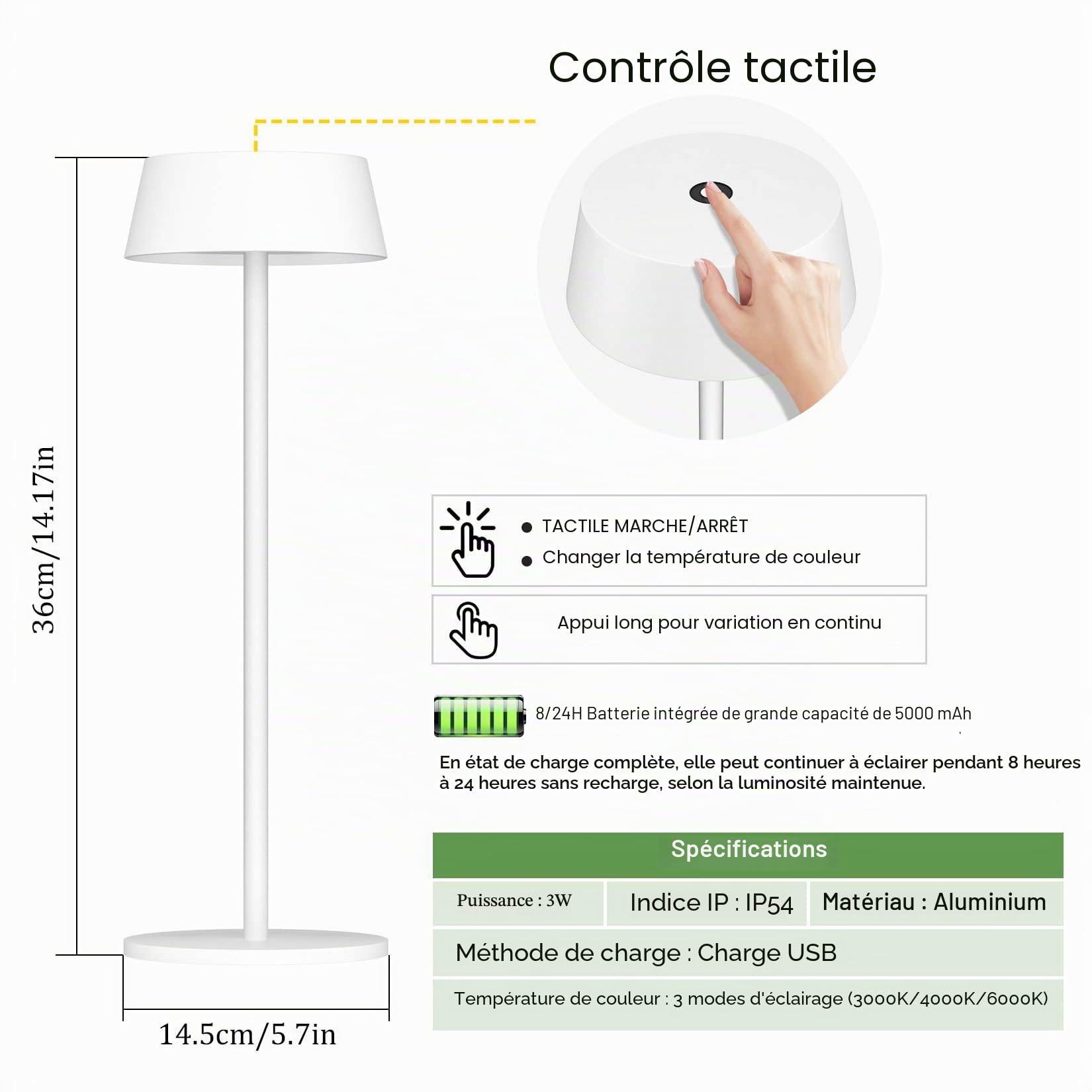 Kligten Lot de 2 LED Dimmable Blanc Lampe de Table à batterier, Rechargeable Lampes de Bureau avec Chargement USB-C pour Intérieur Extérieur, 3000K/4000K/6000K, Aluminium, IP54