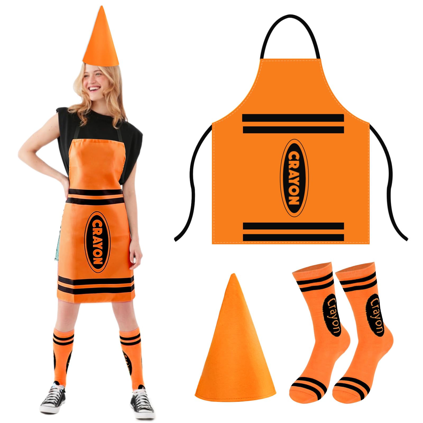 Crayon Costume Adult 3Pcs,Colorful Crayon Fancy Dress Include Crayon Apron, Funny Cone Hat And Striped Socks,Unisex World Book Day Costumes,Halloween Party Christmas Group Cosplay Outfits (Orange)