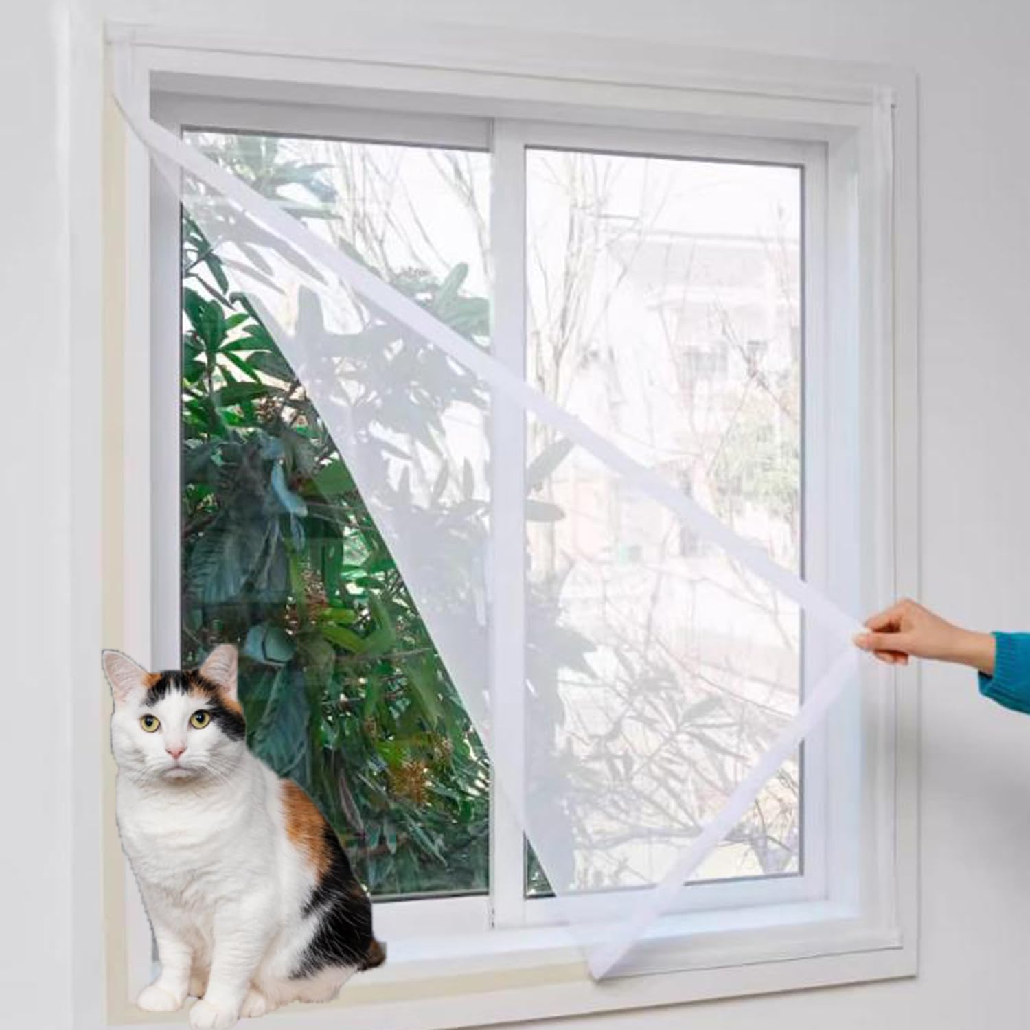 Mozzeilee Custom Size Screen Mesh Anti-Mosquito Insect Bugs Window Net with Self-Adhesive Tape, Cat Safety Netting for Patio, Balcony, No Drilling