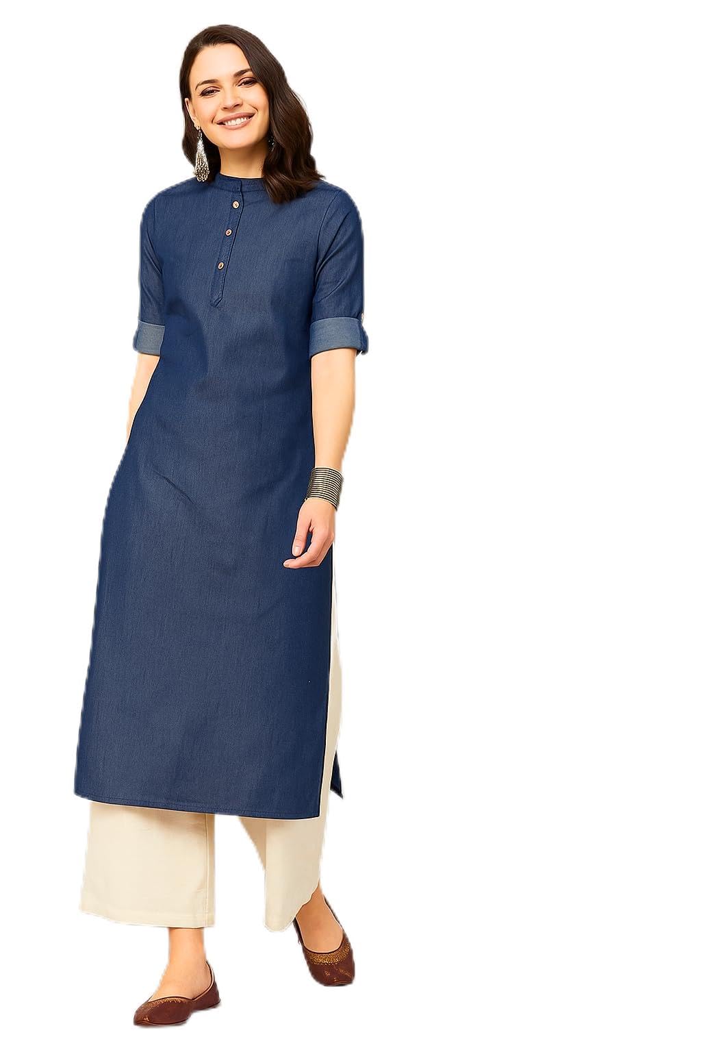 Dennis Lingo Women's Blue Denim Kurti Cotton Kurti Straight Regular Casual Ethnic & Office Wear (S) in blue