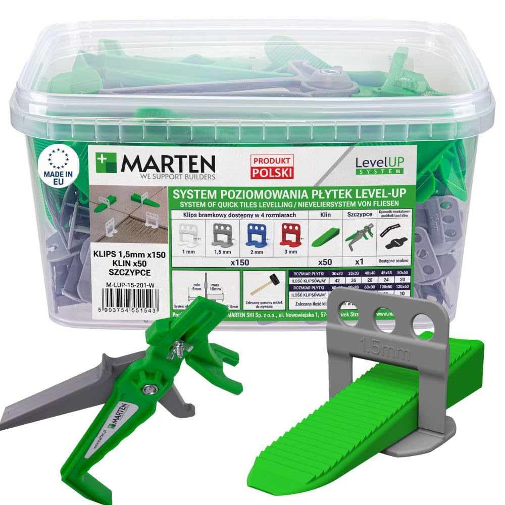 MARTEN Level UP Kit de nivellement de carrelage – Aide à la pose avec languettes de traction et cales pour carrelage – Kit de démarrage pour un joint parfait de 1 à 3 mm – Épaisseur du carrelage 5 à