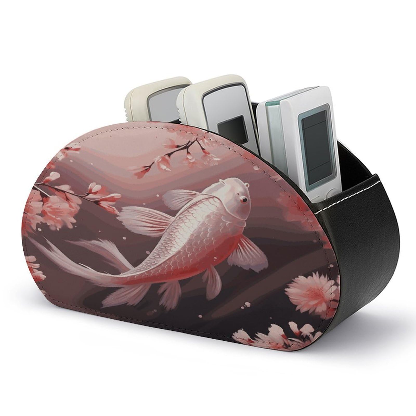 FekiLoot Pink Cherry Blossom Red Carp Remote Control Holder, PU Leather Remote Control Organizer Box Stationery Remote Control Box Desk Storage Organizer for DVDs,Glasses,Pens,Media Players