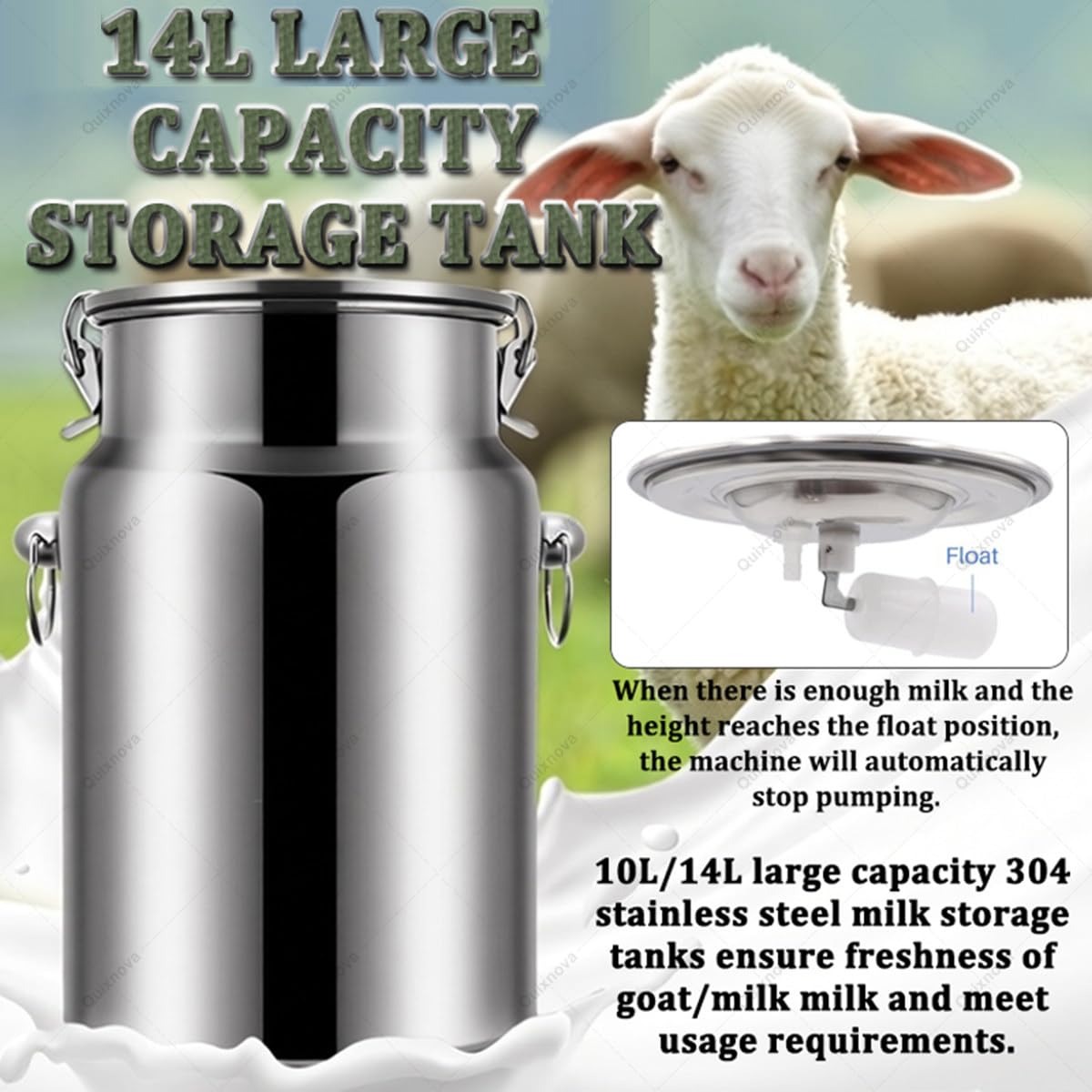 Kit mungitrice elettrica - Mungitrice per Mucche in Acciaio Inox da 14L, Dispositivo mungitore Ricaricabile per capre per Piccole aziende agricole, con Funzione di Arresto Automatico