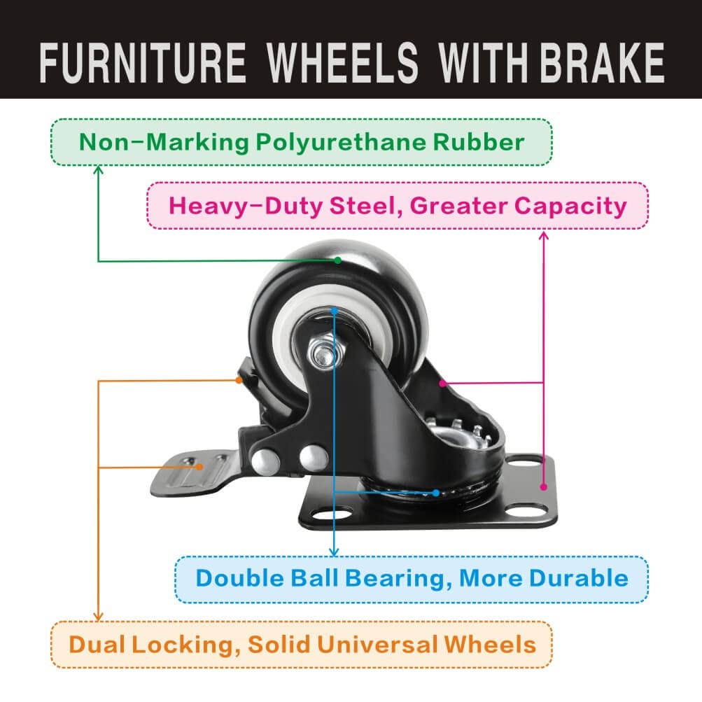 Casters Set of 4, Double Locking Casters 1.5 inch (d=1-1/2", h=2-3/8"), Swivel Casters with Top Plate (2-3/8"×1-3/4"), No Noise Polyurethane Castors Wheels for Cart Heavy Furniture, Load 600 lbs