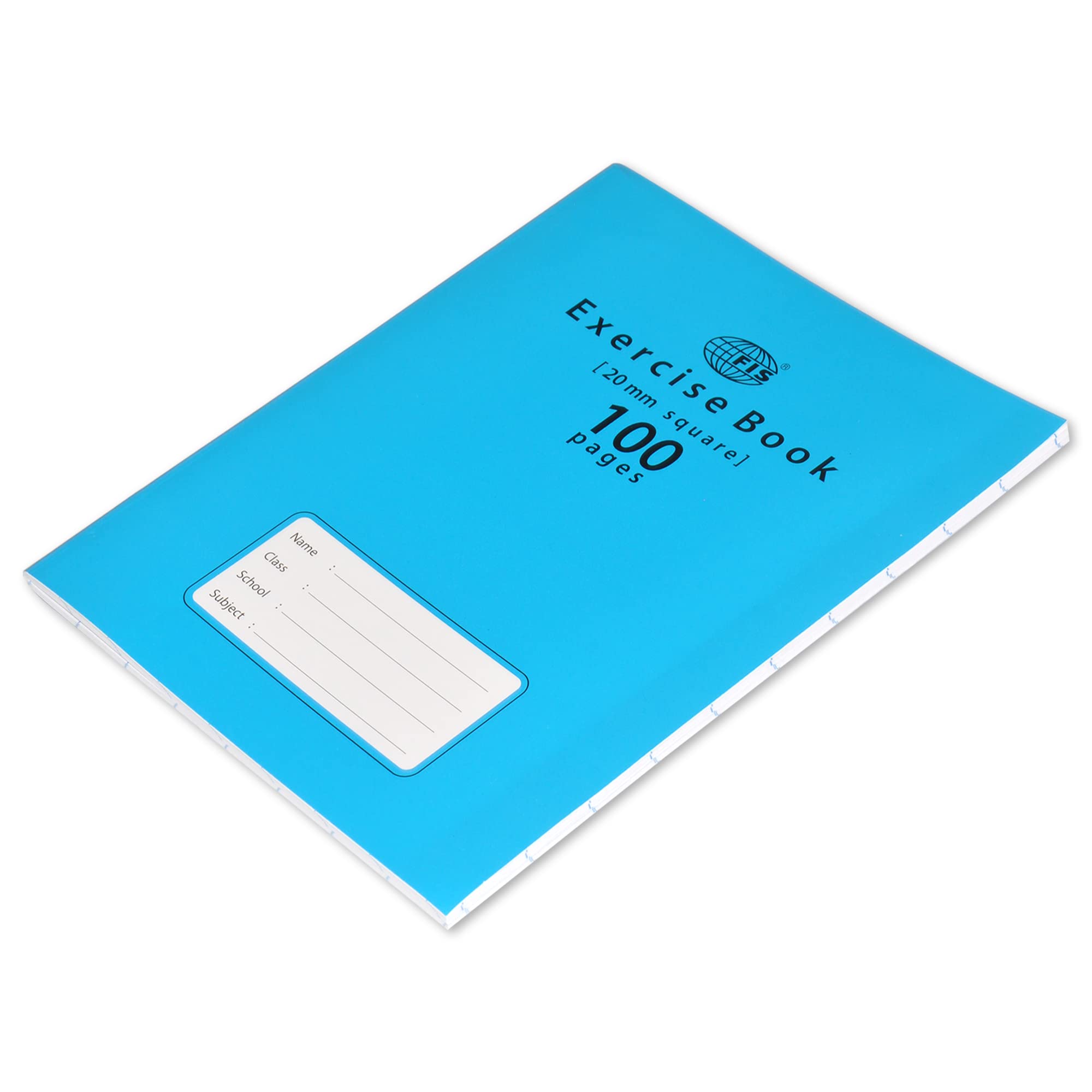FIS® Exercise Book, Size 165x210mm, 50 Sheets, 100 Pages, 20mm Square Gridlines, Packet of 12 Pieces, Neon Blue Cover with Mathematical Info-FSEBSQ20100N