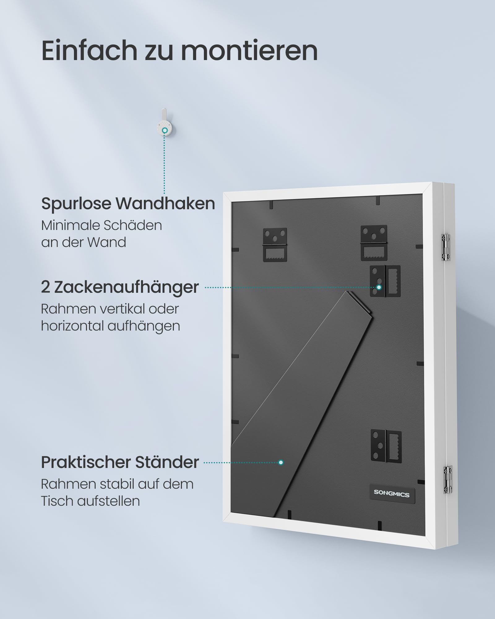 SONGMICS Bilderrahmen 2er Set, A4, 22 x 28 cm, Kinderauszeichnungen, jede Box für bis zu 150 Zeichnungen, MDF, Glas, Passepartout, Sticker, spurlose Wandhaken, 34,5 x 25,5 cm, mattweiß RPF052W02