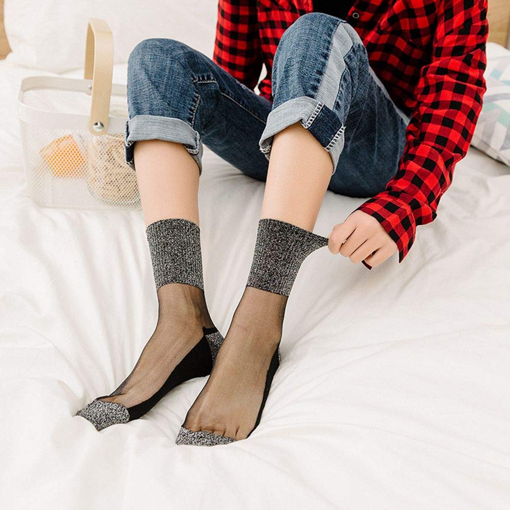 2 Pairs Women Socks Ultrathin Transparent Crystal Silk Elastic Socks Ankle Sock Fashion Women Ankle High Fish Net Socks Nylon Short Ankle Socks