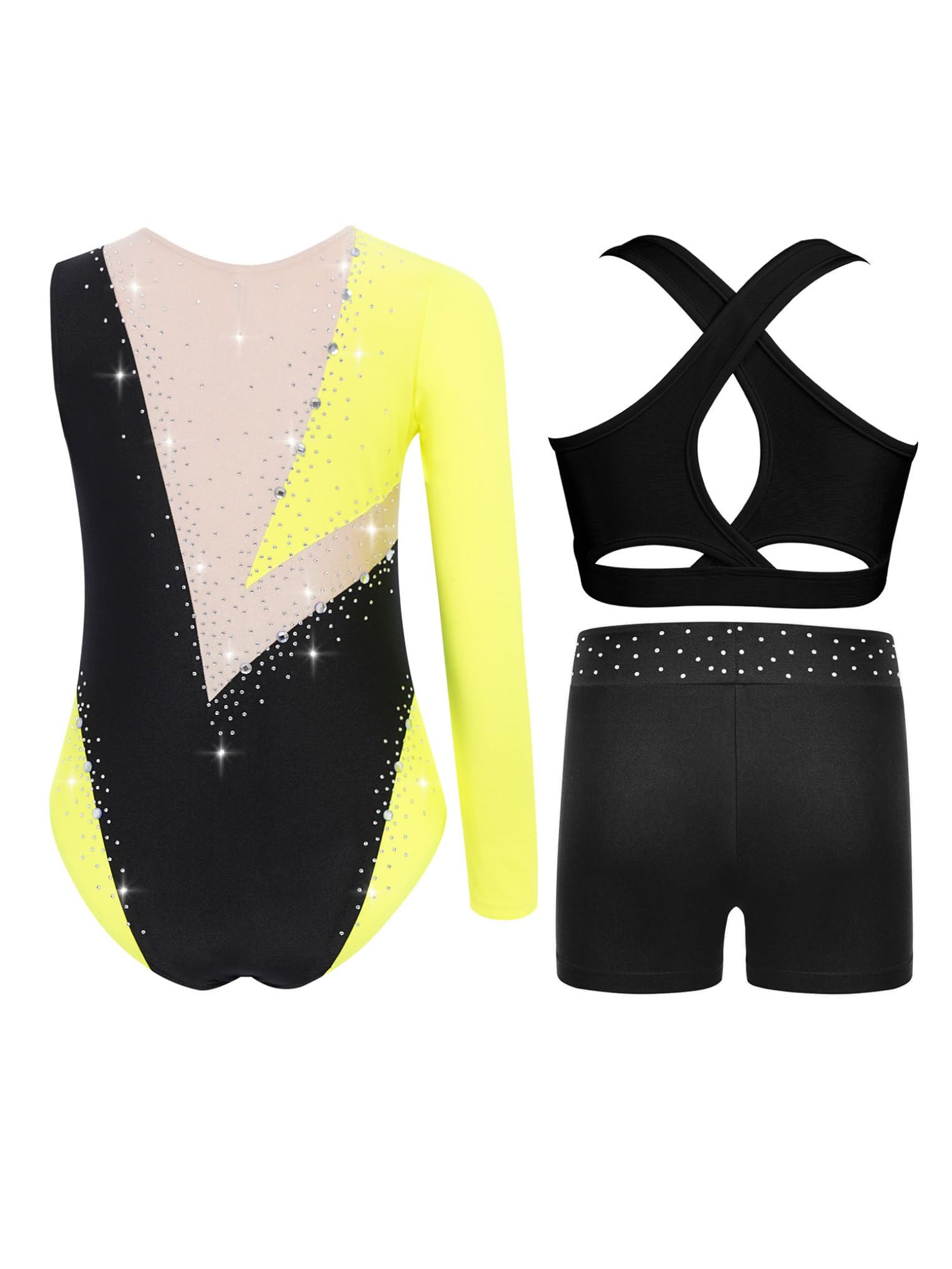 Oyolan Maillot Brillante De Gimnasia Rítmica Para Niñas Leotardo Mangas Largas Con Chaleco Corto Y Leggings Cortos Body Deportivo Yoga Fitness