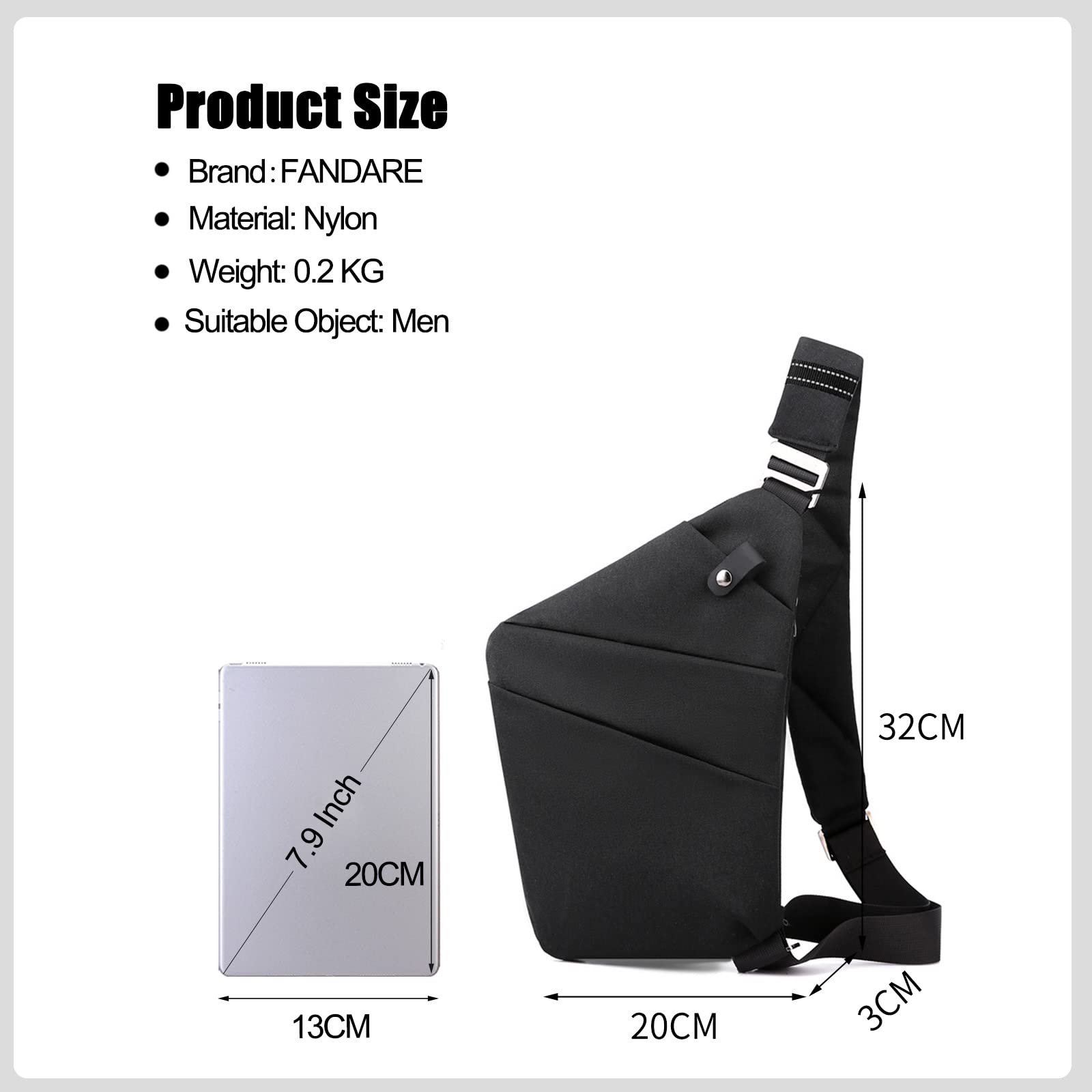FANDARE sac Poitrine Homme Bandoulière des Sports Antivol Sacoche Femmes Epaule Sling Bag Noir