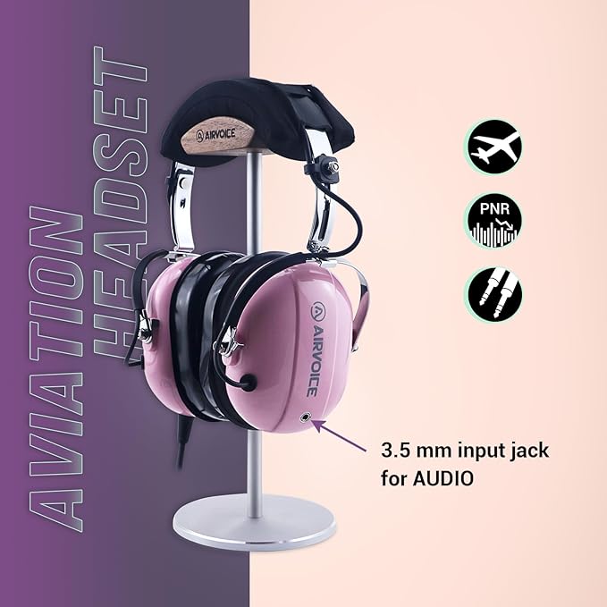 AIRVOICE Aviation Headset for Pilots with Mono Sound and Passive Noise Cancellation, PNR Aviation Headset with Noise Canceling Microphone, for Flight School Student, Instructor, Pink