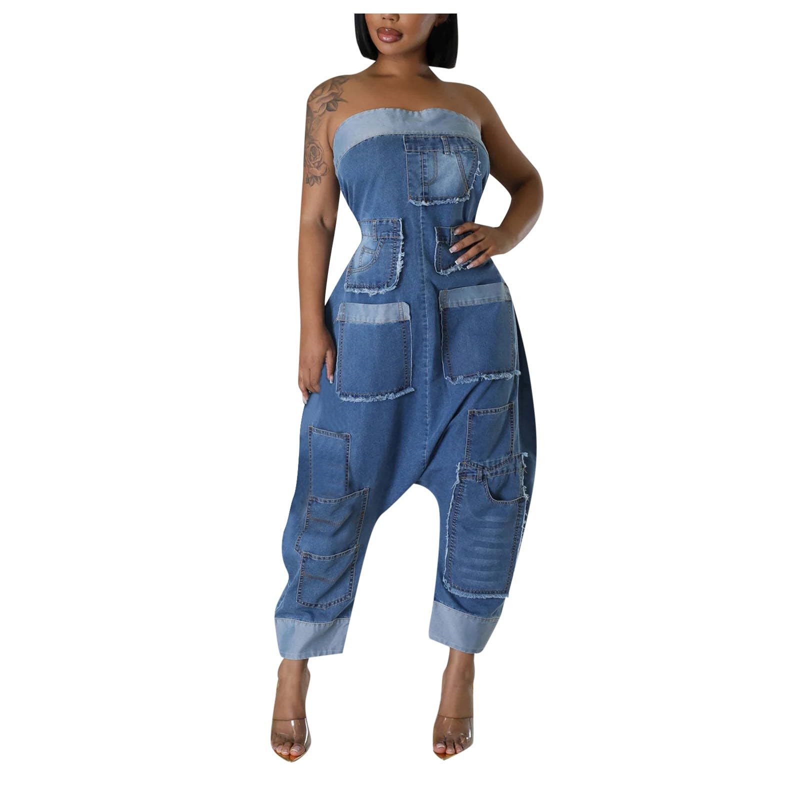 Combinaison en jean pour femme - Sans bretelles - En denim - Avec plusieurs poches - Patchwork stretch - Bandeau - Baggy - Clubwear - Une pièce - Pantalon décontracté