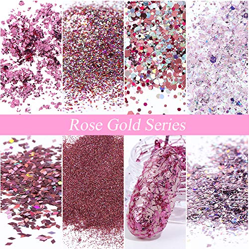 WLKK 8PCS Nail Glitter, Aluminium Roségold Pailletten Flake Nail Art Shimmer Powder für UV Gel Gel Nagel Paillette Mix… – Bild 6