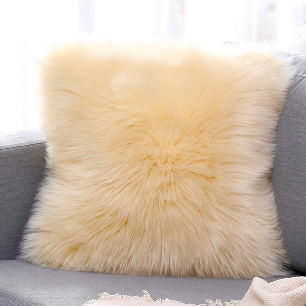 Housse de coussin fausse fourrure 45x45 cm jaune clair double face pour canapé