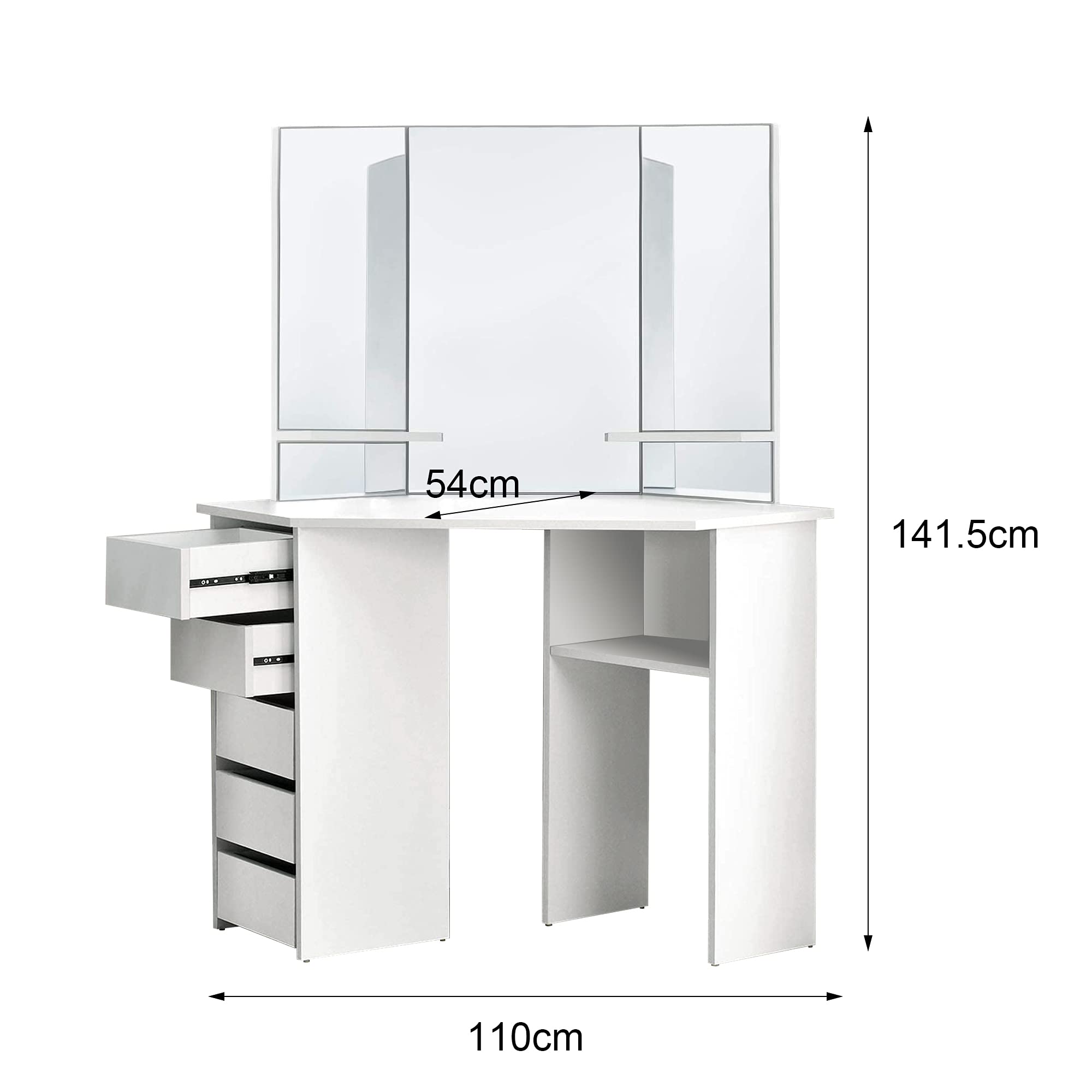 ML-Design Tavolo Cosmetico ad Angolo Bianco da Trucco con 3 Specchi 5 Cassetti e 3 Scomparti 110 x 141,5 x 54 cm Tavolino da Toelette per Donne e Ragazze Spogliatoio in Legno MDF