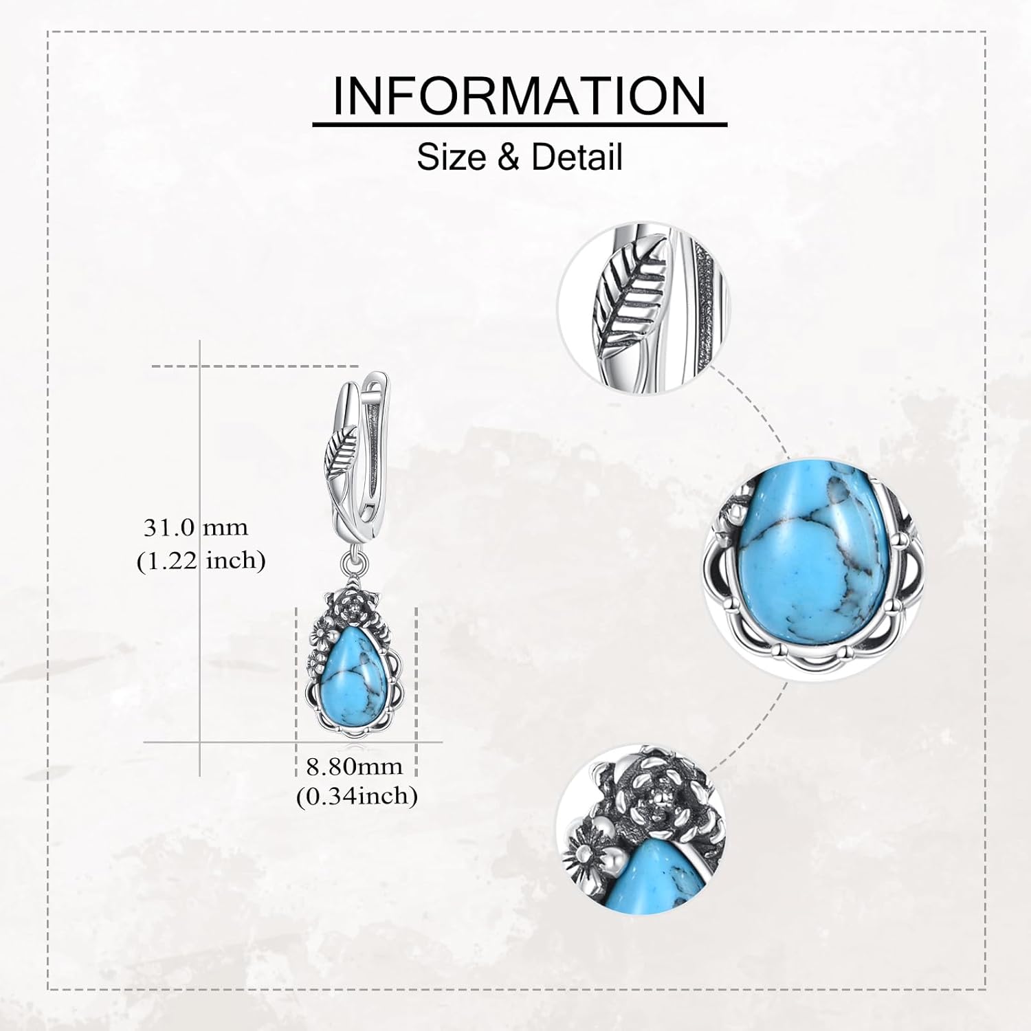 Turquoise Earrings 925 Sterling Silver Leaf Vine Flower Turquoise Dangle Earrings Boho Jewelry Gift for Women - Image 3