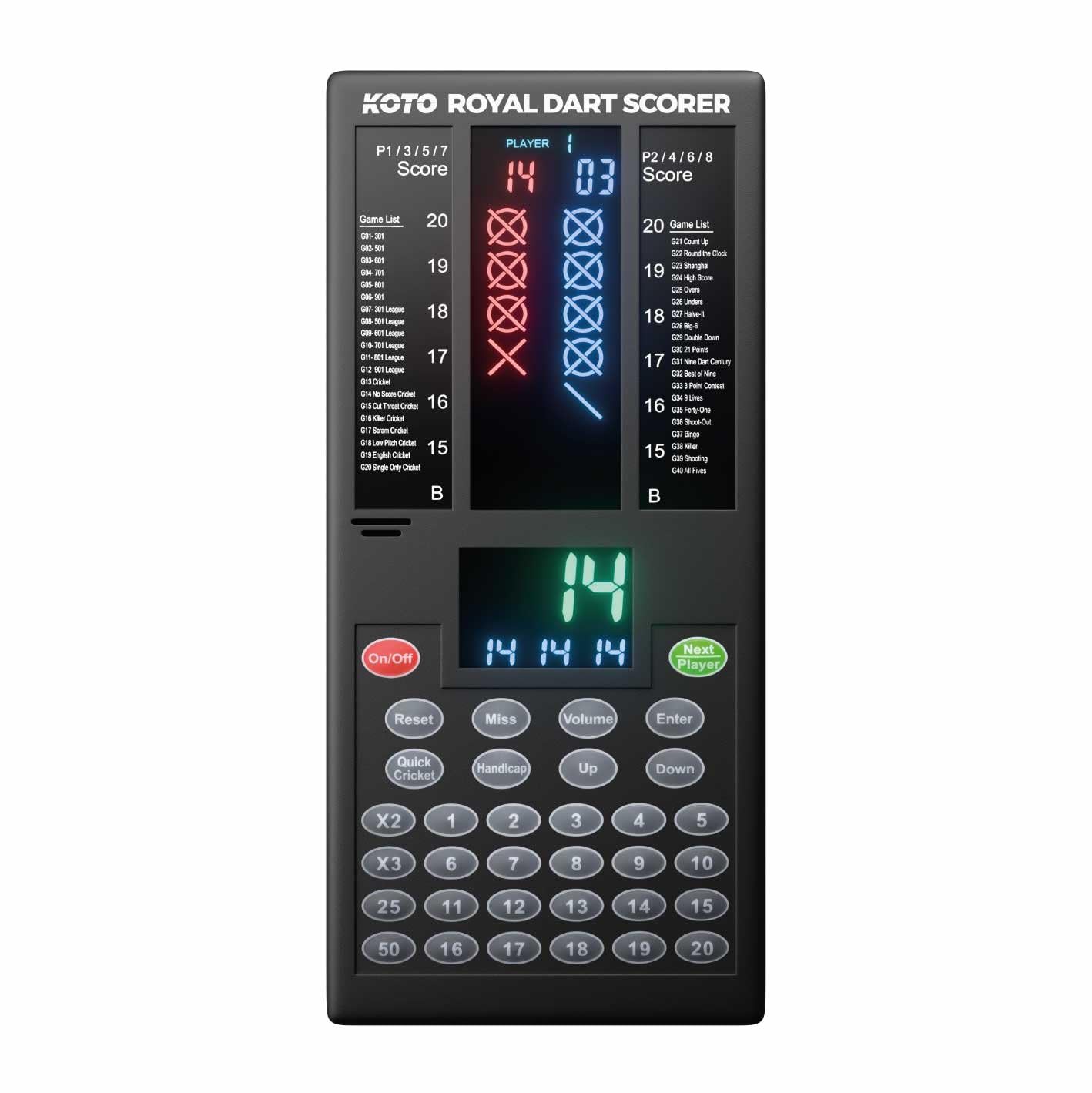 KOTO - Royal Dart Zähler, Dart Scorer, Anzeigetafel inkl. 40 Spiele, Spielstandsanzeige & Befestigungsmaterial, für 8 Spieler, Batteriebetrieben
