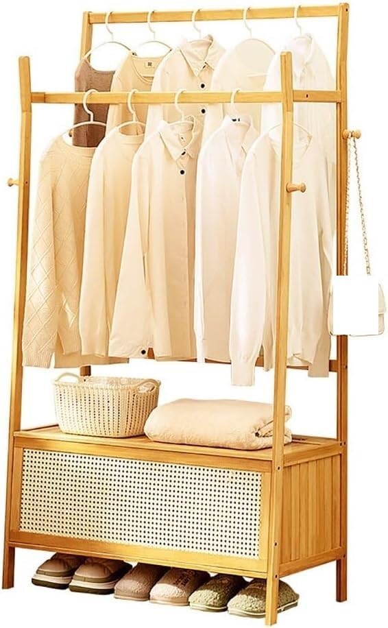 YDHSIKK - Armario moderno de madera, con 4 ganchos, armario de bambú con cesta de almacenamiento, perchero y soporte para sombreros, adecuado para dormitorio, oficina y entrada (80 x 40 x 165 cm)