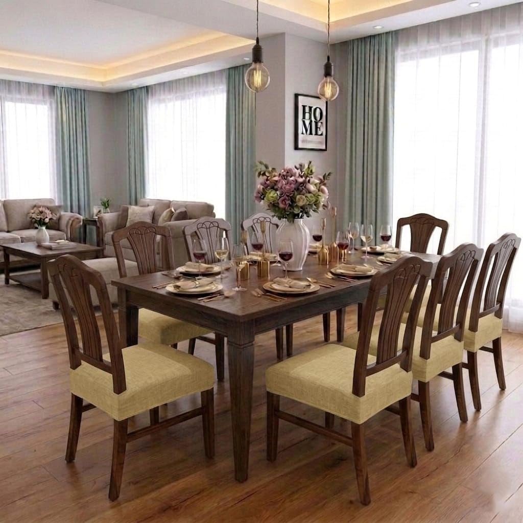 Dining Chair Seat Cover Set of 8 Seater/Easily Washable Stretchable and Comfortable for Dining Room Home Decor Slip Cover Universal Size | Beige Texture-image-20