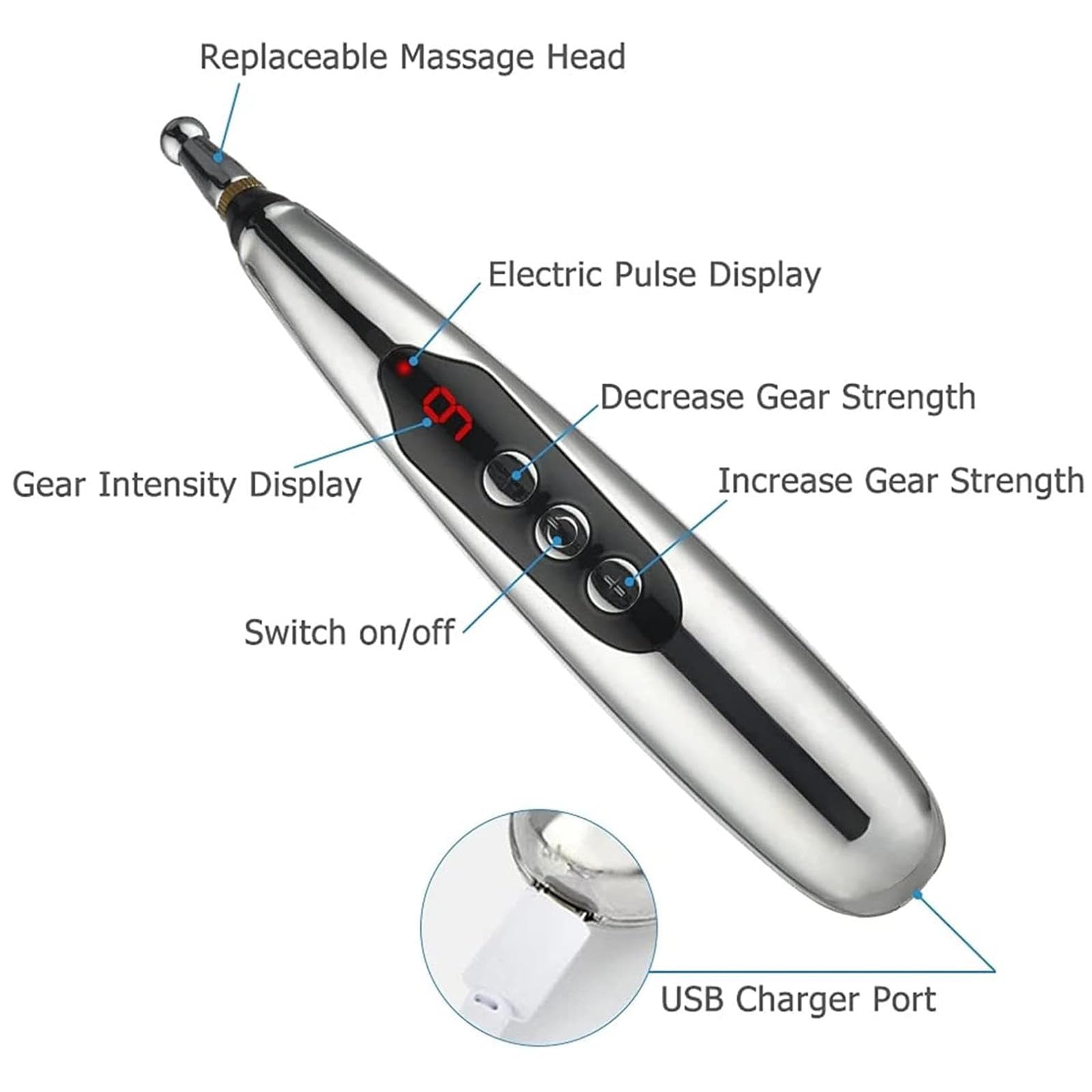 Bolígrafo de acupuntura, dispositivo de acupresión recargable por USB con 3 cabezales de masaje y 9 niveles, herramienta de masaje de energía meridiana para oficina y ocio