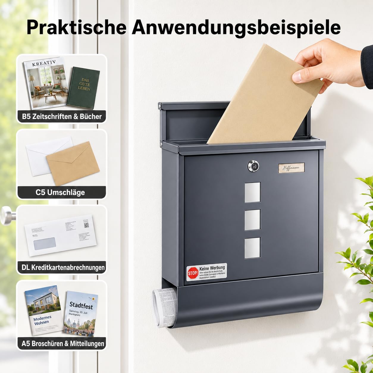 Zedelmaier Briefkasten 9 x 34 x 30,4 cm mit 4 Schlüsseln für B5&C5 Umschlag Postkasten Wandbriefkasten Mailbox Briefkästen mit Zeitungsfach RAL7016 Anthrazit