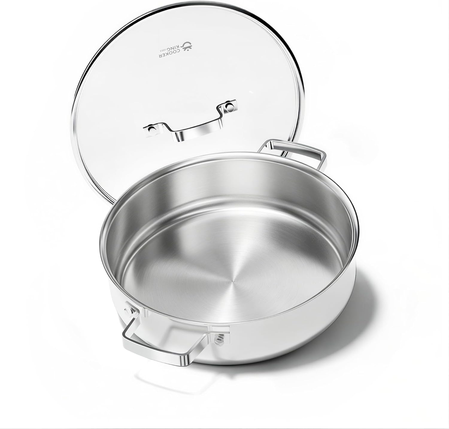 COOKER KING 5-Quart Saute Pan with Lid, 11-Inch Tri-Ply Clad Stainless Steel Rondeau Pot & Braiser Pan with Stay-Cool Dual Handles, Easy Grip for Family Gathering & Holiday Roasting, Induction Ready