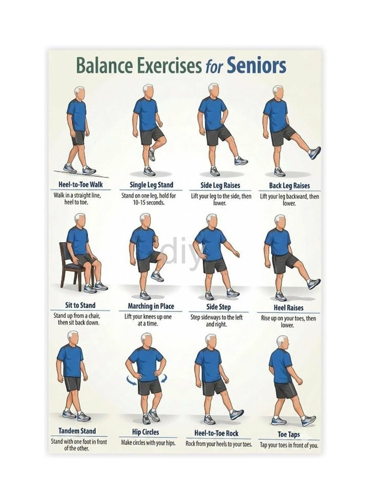 Senior Balance and Mobility Workout Poster Fall Prevention Exercises Chart for Aging Adults Home Gym Physical Therapy Room Decor Canvas Wall Art(Unframed,12X18inch(30X45cm))