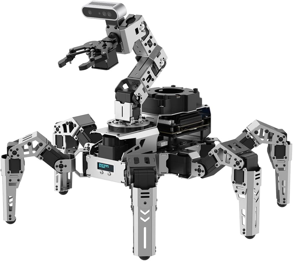 HIWONDER 24DOF ROS2 Hexapod Robot for Jetson/RPi, Large AI Models ChatGPT 6DOF Robot Arm SLAM Mapping 3D Vision Voice Scene Understanding ROS Education, ROSpider Starter Kit Without Controller