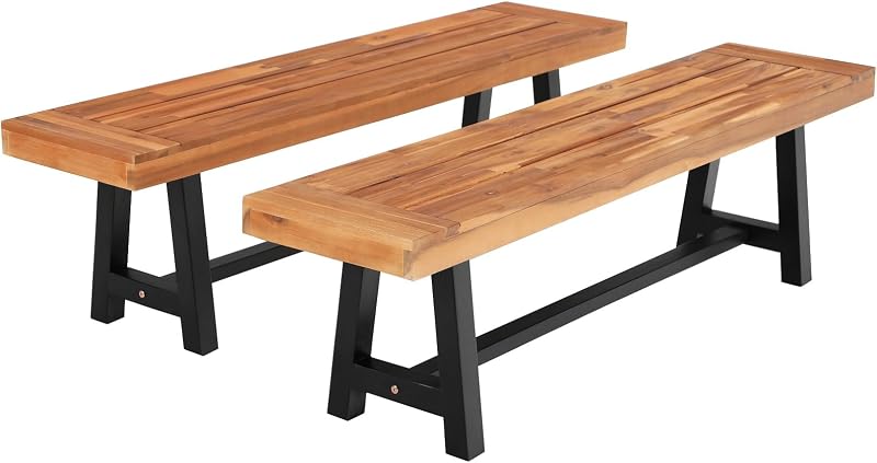 Sophia & William 63" Outdoor Wood Bench Weatherproof, Teak Finish, 2 Pack | 4-6 Person Wooden Farmhouse Indoor Outdoor Dining Bench, Trapezium Wood Legs, Backless Patio Benches for Garden Porch Yard