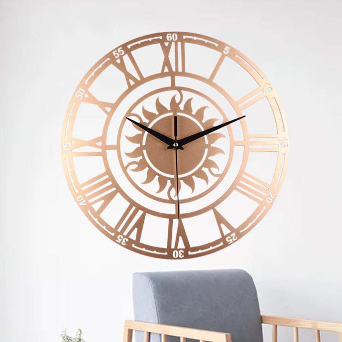 KRXSOBNV wall clock, European Style Retro Wall Clock Acrylic Round Sun Roman Three-Dimensional Number Decoration(Gold)
