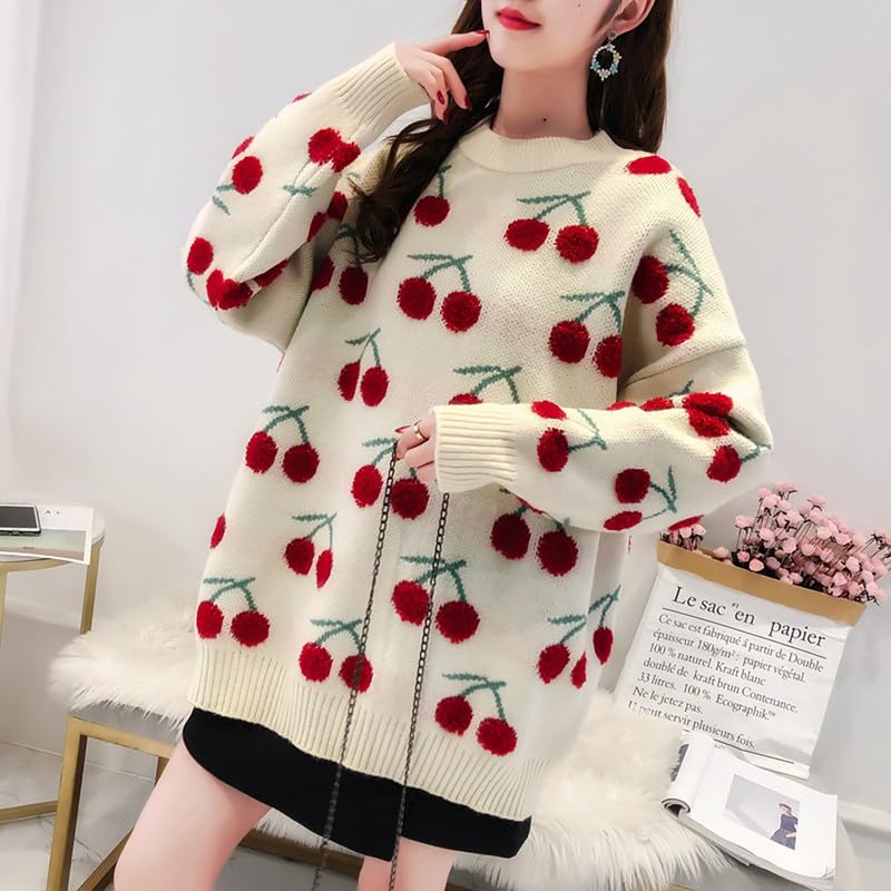 Image of yolrdiw Girls Cute Cherry Embroidery Sweater Crewneck Long Sleeves Valentine's Day Knit Pullover