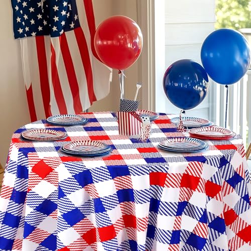 Image of 3 Pcs Disposable Round Patriotic Tablecloth 4th of July 84 Inch Plastic Tablecloth Red White and Blue Buffalo Plaid Memorial Day Table Cover for Independence Day Dinner Party